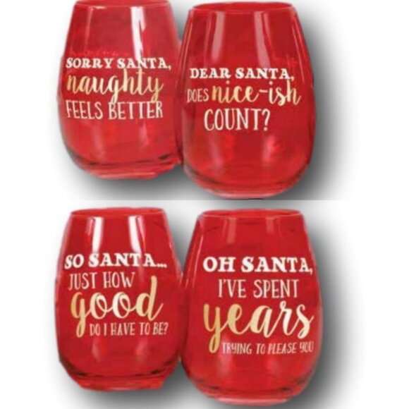 Set of Four Christmas Holiday Stemless Wine Glasses with Sassy Sayings - Picture 1 of 1